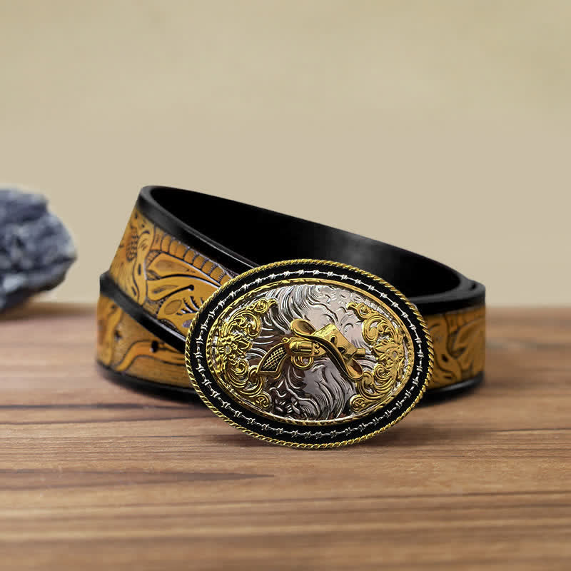 Ceinture en cuir à boucle ovale dorée pour homme avec motif cowboy western