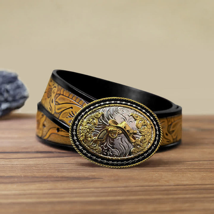 Ceinture en cuir à boucle ovale dorée pour homme avec motif cowboy western