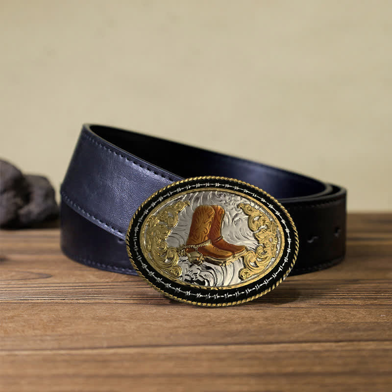 Ceinture en cuir à boucle ovale dorée pour homme avec motif cowboy western