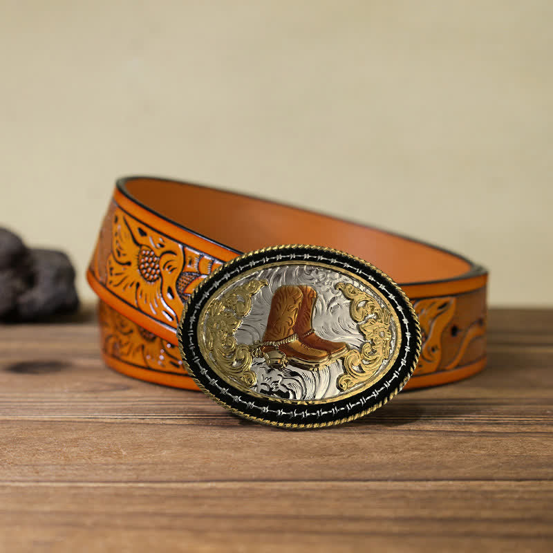 Ceinture en cuir à boucle ovale dorée pour homme avec motif cowboy western
