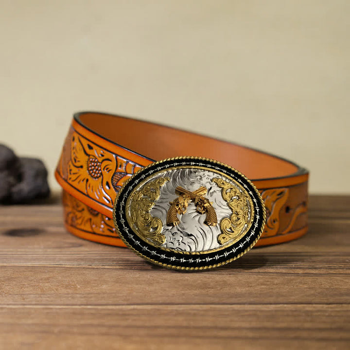 Ceinture en cuir à boucle ovale dorée pour homme avec motif cowboy western
