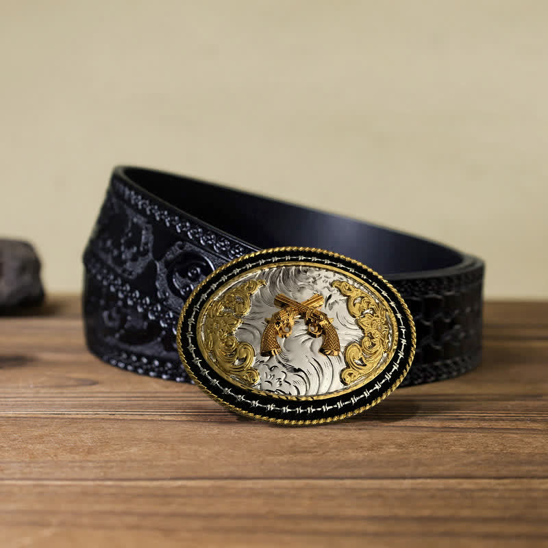Ceinture en cuir à boucle ovale dorée pour homme avec motif cowboy western