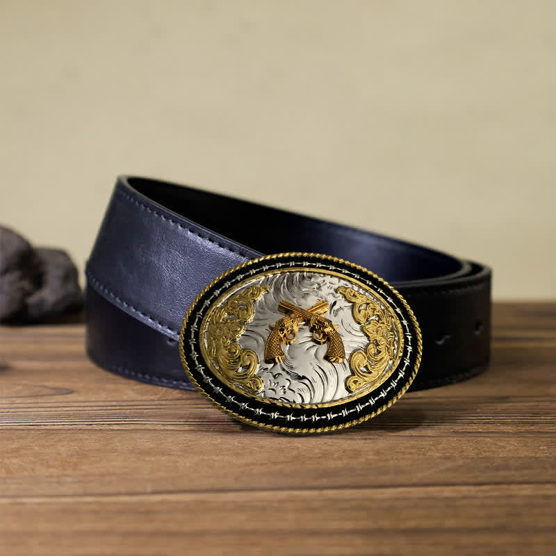 Ceinture en cuir à boucle ovale dorée pour homme avec motif cowboy western