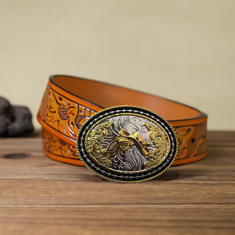 Ceinture en cuir à boucle ovale dorée pour homme avec motif cowboy western