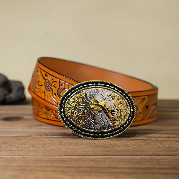 Ceinture en cuir à boucle ovale dorée pour homme avec motif cowboy western