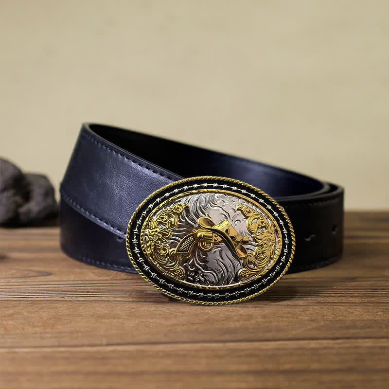Ceinture en cuir à boucle ovale dorée pour homme avec motif cowboy western
