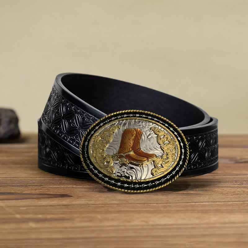 Ceinture en cuir à boucle ovale dorée pour homme avec motif cowboy western