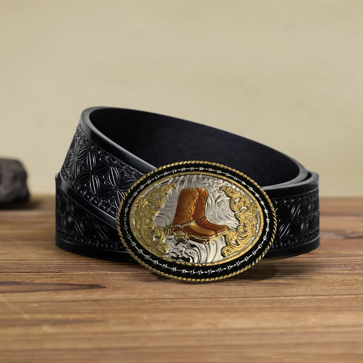 Ceinture en cuir à boucle ovale dorée pour homme avec motif cowboy western