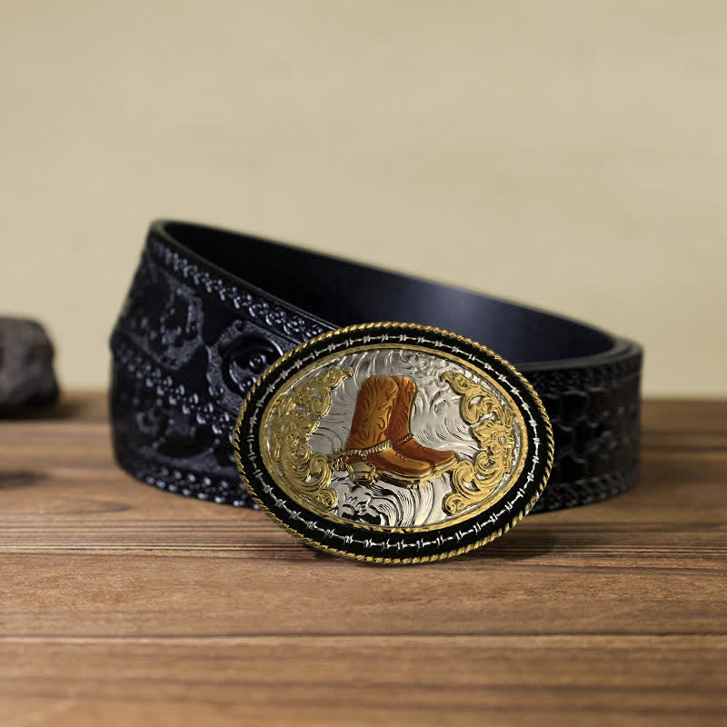 Ceinture en cuir à boucle ovale dorée pour homme avec motif cowboy western
