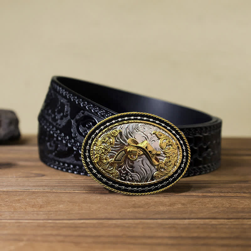 Ceinture en cuir à boucle ovale dorée pour homme avec motif cowboy western