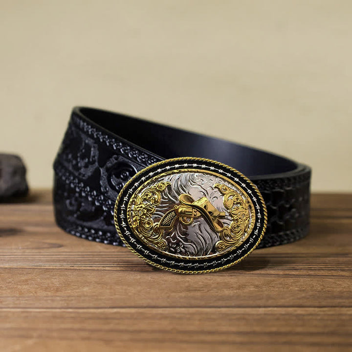 Ceinture en cuir à boucle ovale dorée pour homme avec motif cowboy western