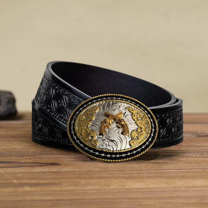 Ceinture en cuir à boucle ovale dorée pour homme avec motif cowboy western