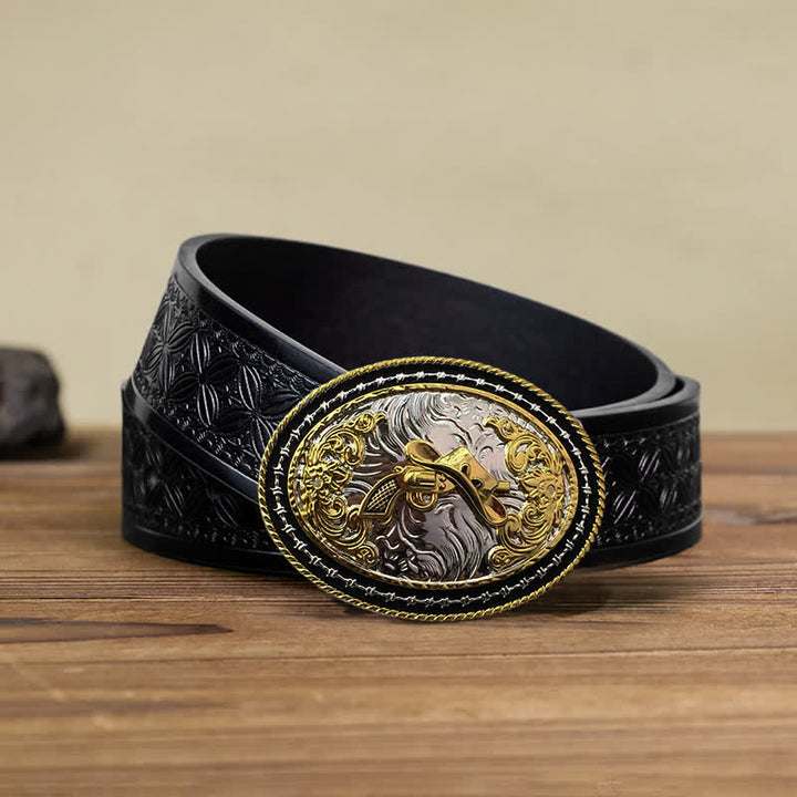 Ceinture en cuir à boucle ovale dorée pour homme avec motif cowboy western