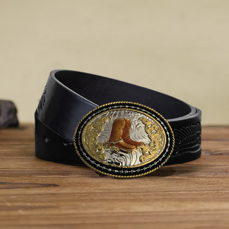 Ceinture en cuir à boucle ovale dorée pour homme avec motif cowboy western