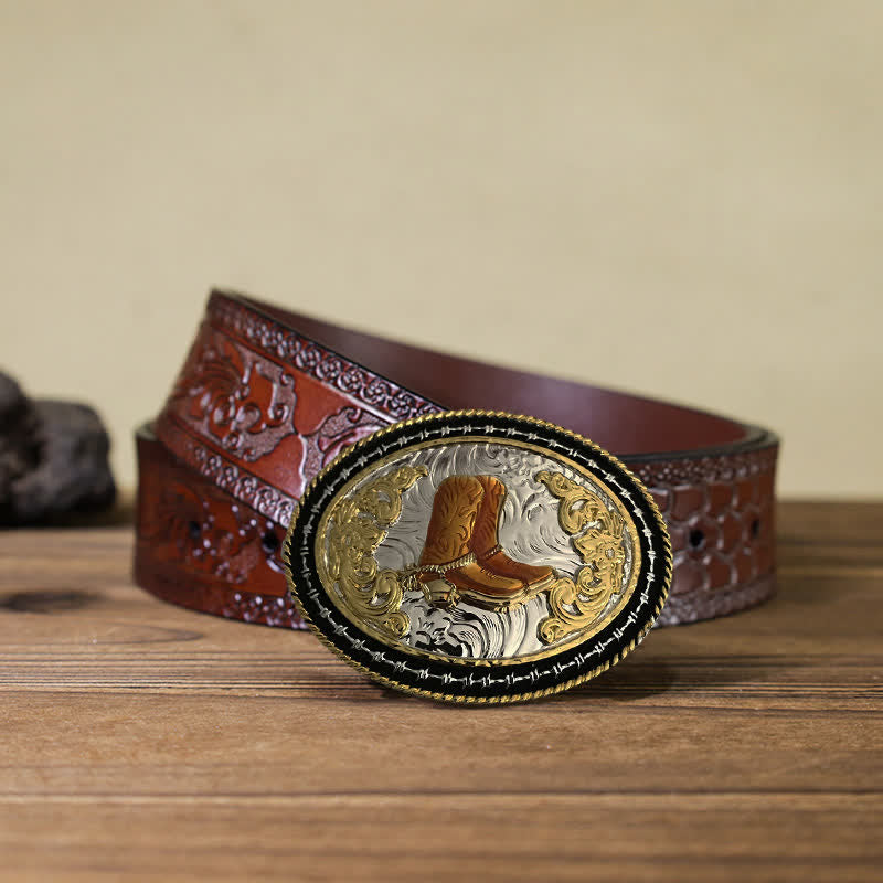 Ceinture en cuir à boucle ovale dorée pour homme avec motif cowboy western