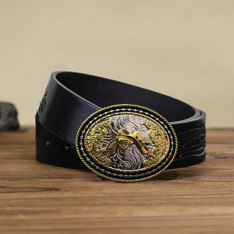 Ceinture en cuir à boucle ovale dorée pour homme avec motif cowboy western