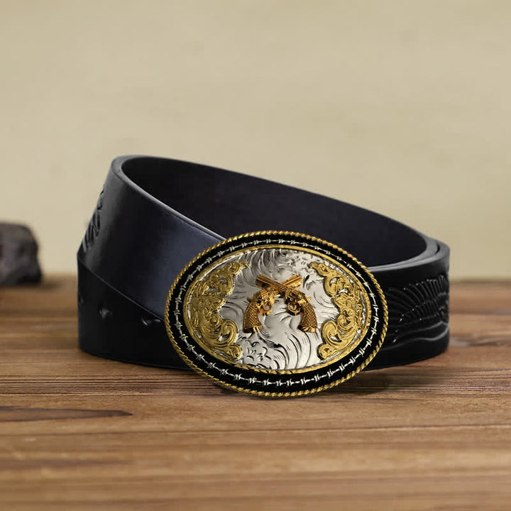 Ceinture en cuir à boucle ovale dorée pour homme avec motif cowboy western