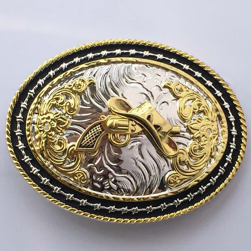 Ceinture en cuir à boucle ovale dorée pour homme avec motif cowboy western