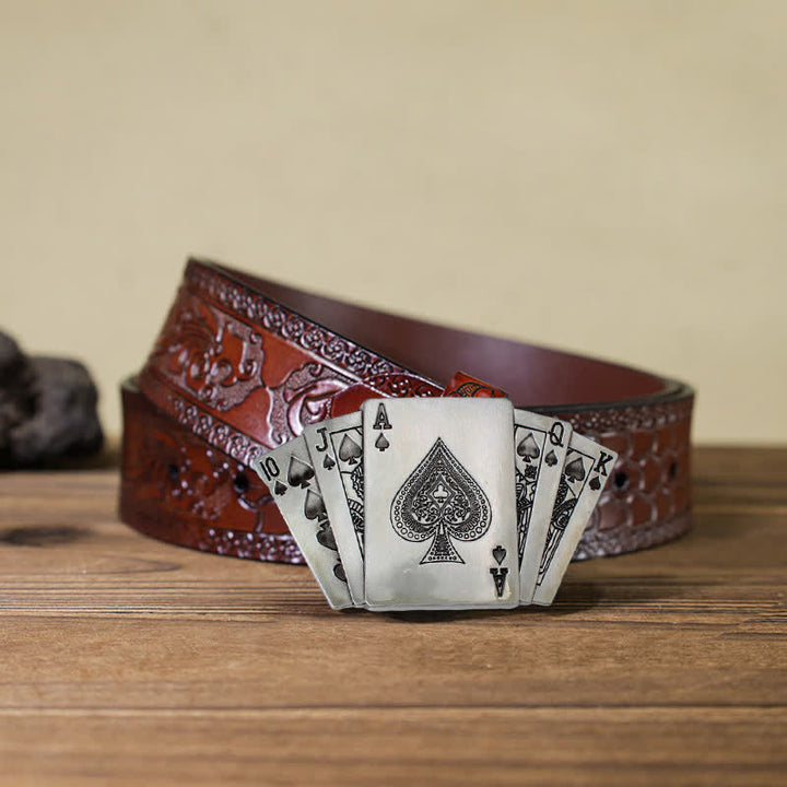 Ceinture en cuir à boucle pour homme avec motif de poker royal flush