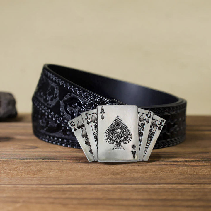 Ceinture en cuir à boucle pour homme avec motif de poker royal flush