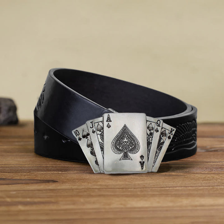 Ceinture en cuir à boucle pour homme avec motif de poker royal flush