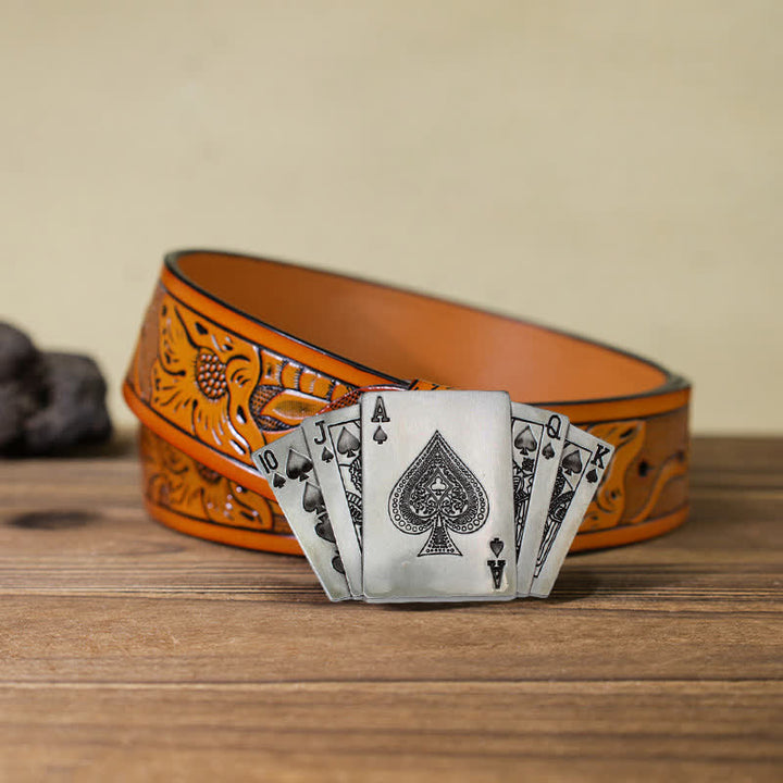 Ceinture en cuir à boucle pour homme avec motif de poker royal flush