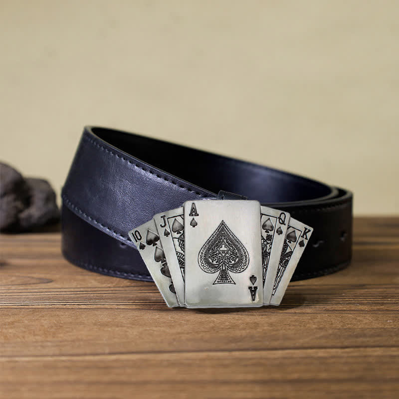Ceinture en cuir à boucle pour homme avec motif de poker royal flush