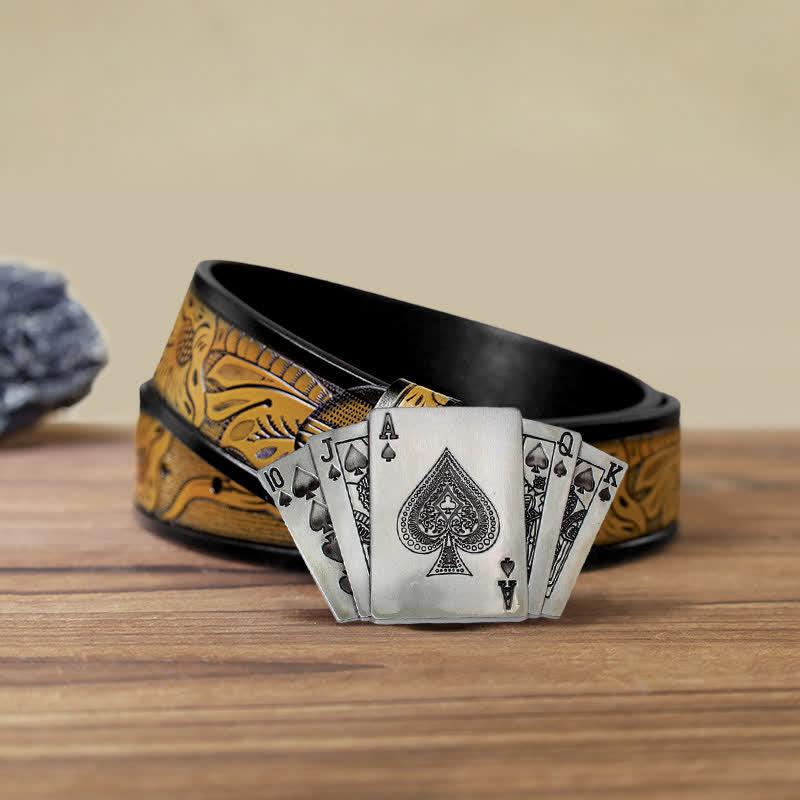 Ceinture en cuir à boucle pour homme avec motif de poker royal flush
