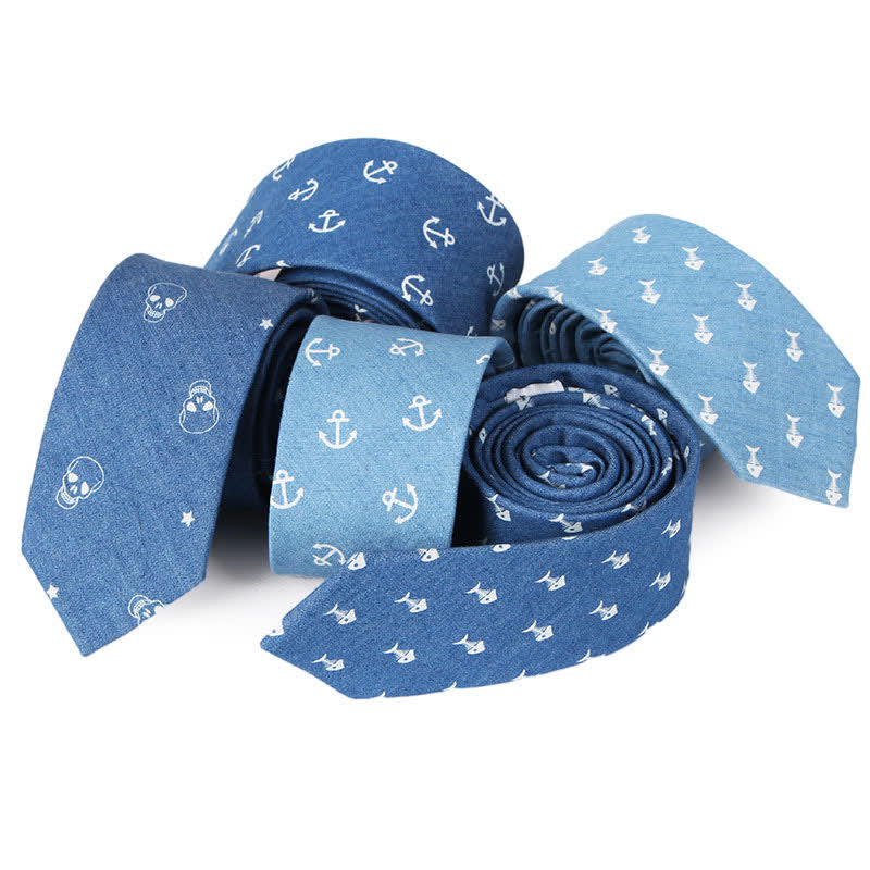 Cravate en coton à imprimé tête de mort et arête de poisson bleue de style britannique pour homme - image 0