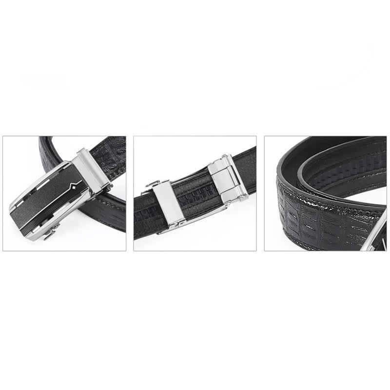 Ceinture en cuir à boucle automatique pour homme avec imprimé crocodile noir et argent