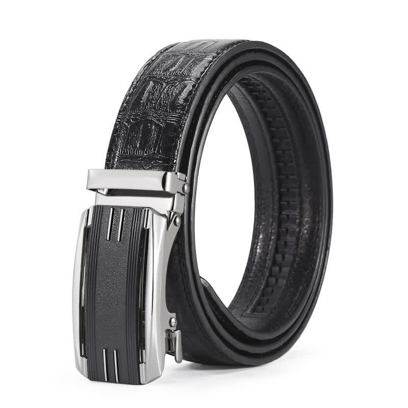 Ceinture en cuir à boucle automatique pour homme avec imprimé crocodile noir et argent