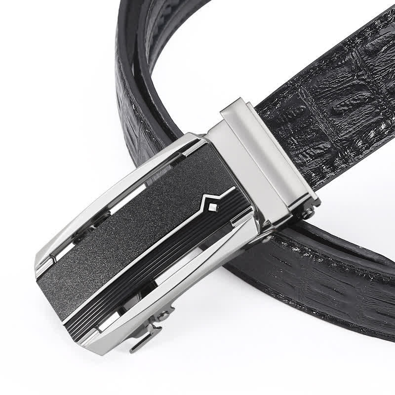 Ceinture en cuir à boucle automatique pour homme avec imprimé crocodile noir et argent