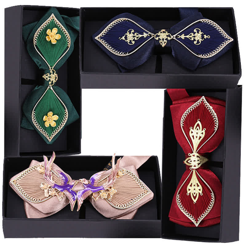 Nœud papillon doré à motif floral et oiseau pour homme