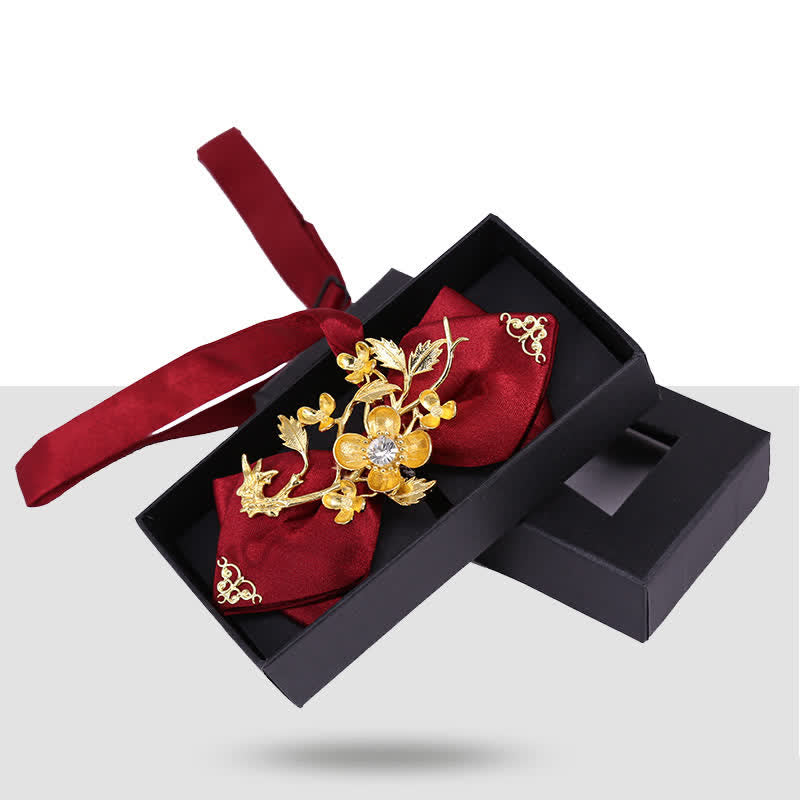 Nœud papillon doré à motif floral et oiseau pour homme