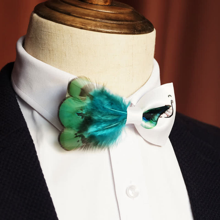 Nœud papillon en plumes de paon turquoise et blanc