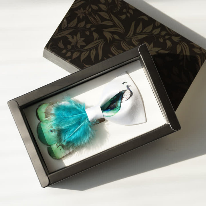 Nœud papillon en plumes de paon turquoise et blanc