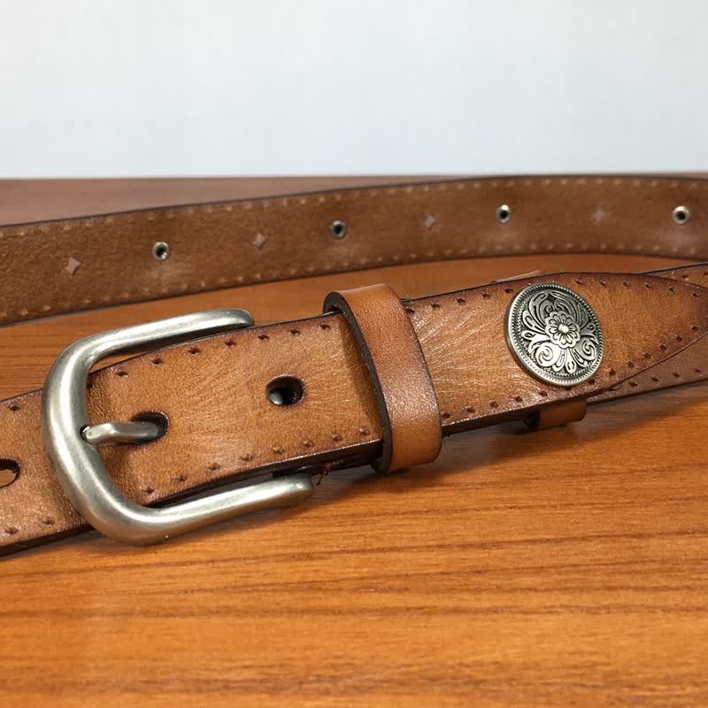 Ceinture en cuir vintage ronde avec rivets et fleurs sculptées - image 5