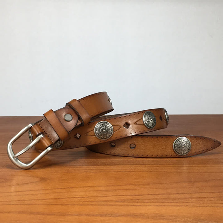 Ceinture en cuir vintage ronde avec rivets et fleurs sculptées - image 1
