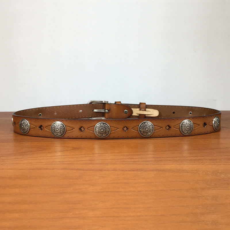 Ceinture en cuir vintage ronde avec rivets et fleurs sculptées - image 4