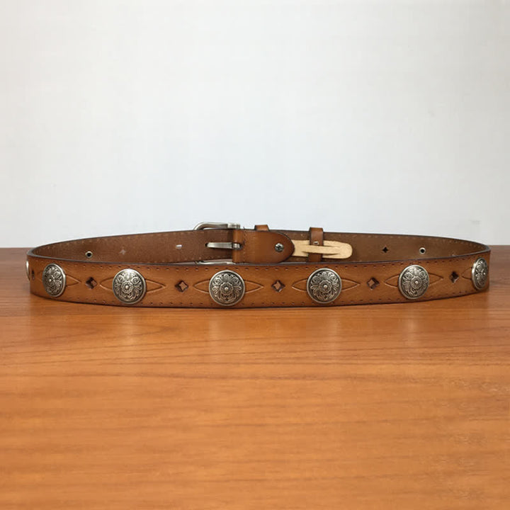 Ceinture en cuir vintage ronde avec rivets et fleurs sculptées - image 4