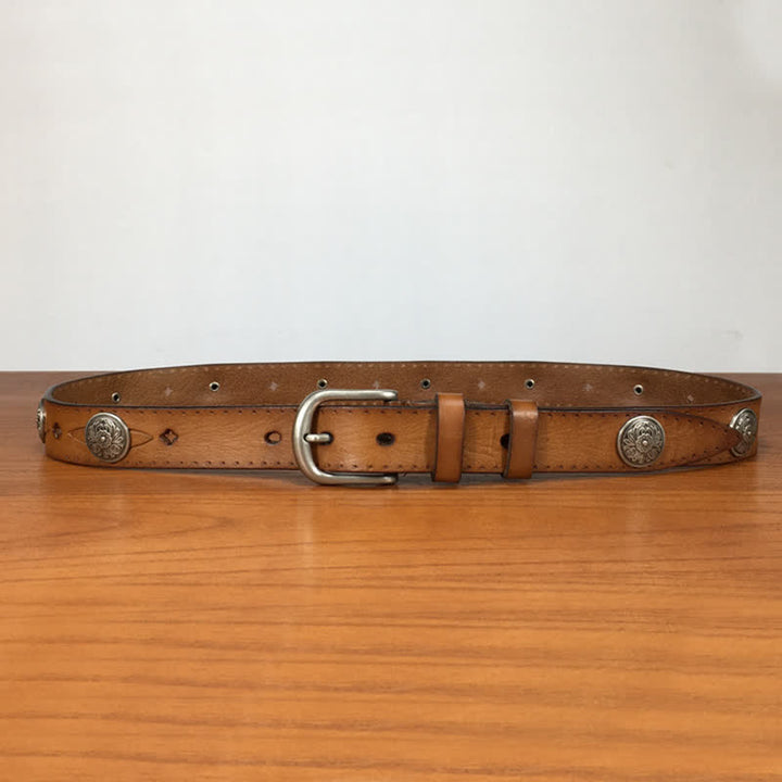 Ceinture en cuir vintage ronde avec rivets et fleurs sculptées - image 3