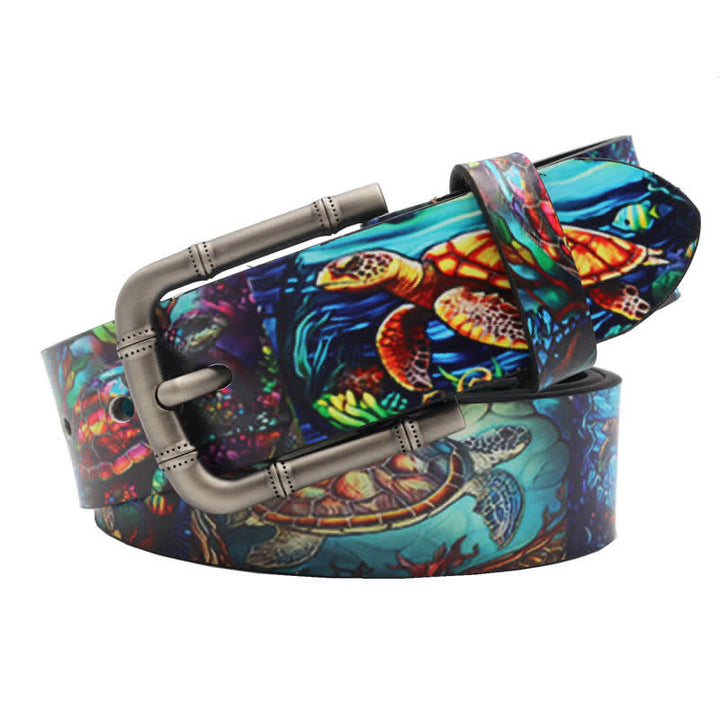 Ceinture en cuir à imprimé tortue colorée et animaux marins