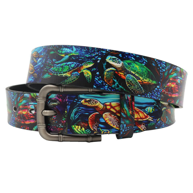 Ceinture en cuir à imprimé tortue colorée et animaux marins