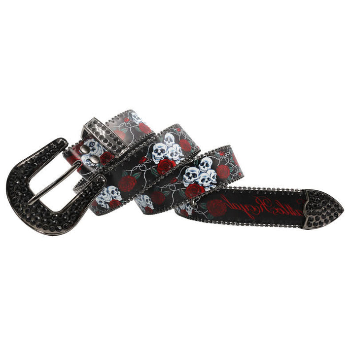 Ceinture en cuir imprimé squelette rose avec strass gothiques