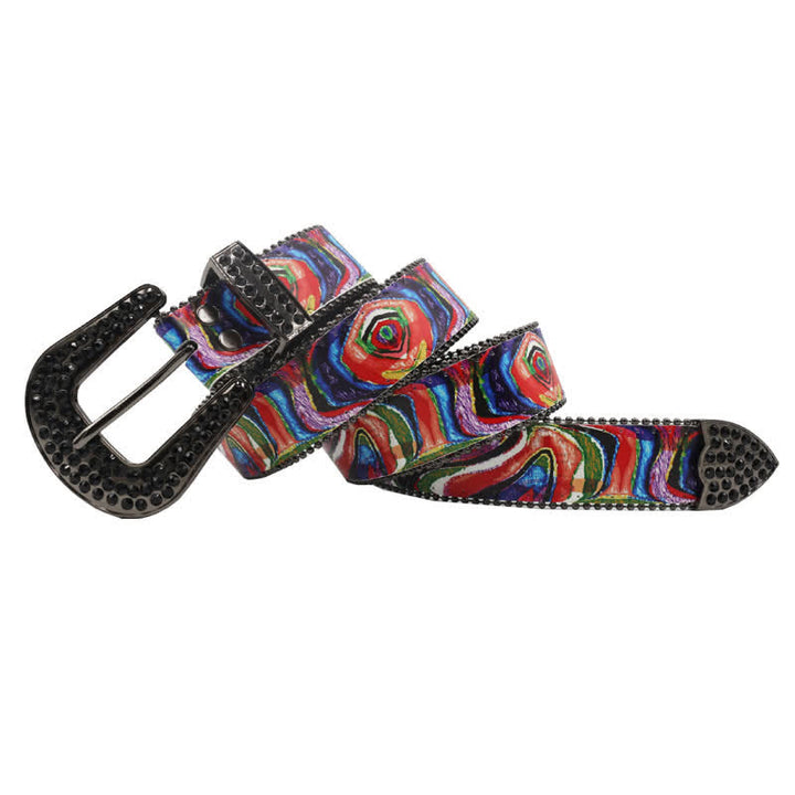 Ceinture en cuir avec boucle en strass imprimé arc-en-ciel graffiti