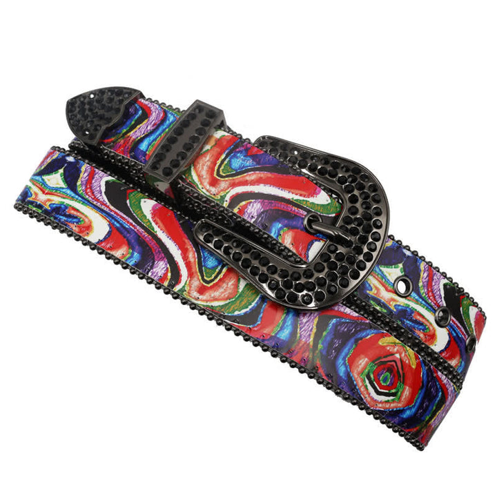 Ceinture en cuir avec boucle en strass imprimé arc-en-ciel graffiti