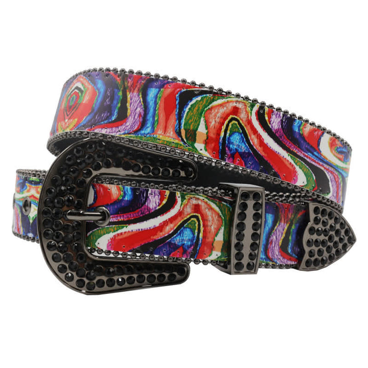Ceinture en cuir avec boucle en strass imprimé arc-en-ciel graffiti
