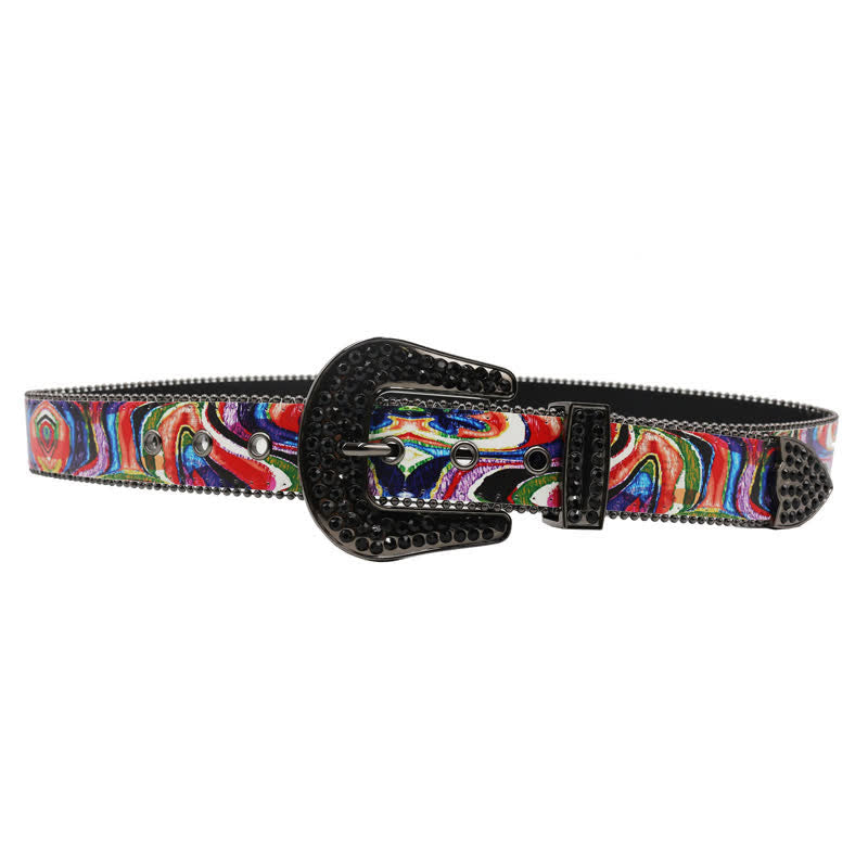 Ceinture en cuir avec boucle en strass imprimé arc-en-ciel graffiti