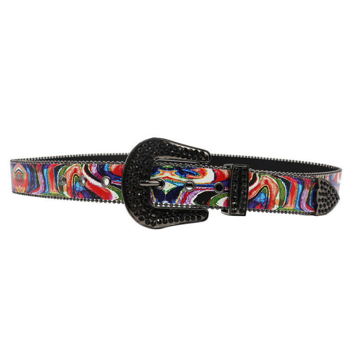 Ceinture en cuir avec boucle en strass imprimé arc-en-ciel graffiti