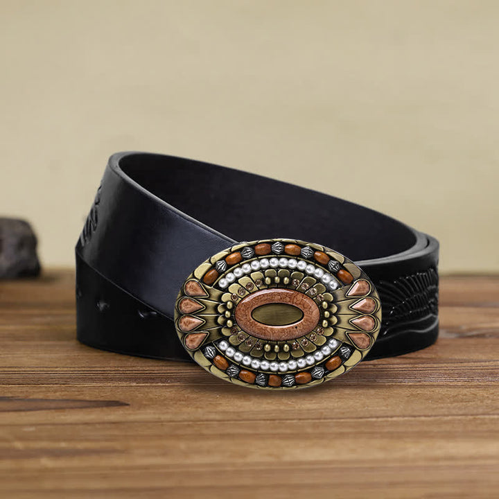 Ceinture en cuir à boucle en perles de bois indiennes pour hommes